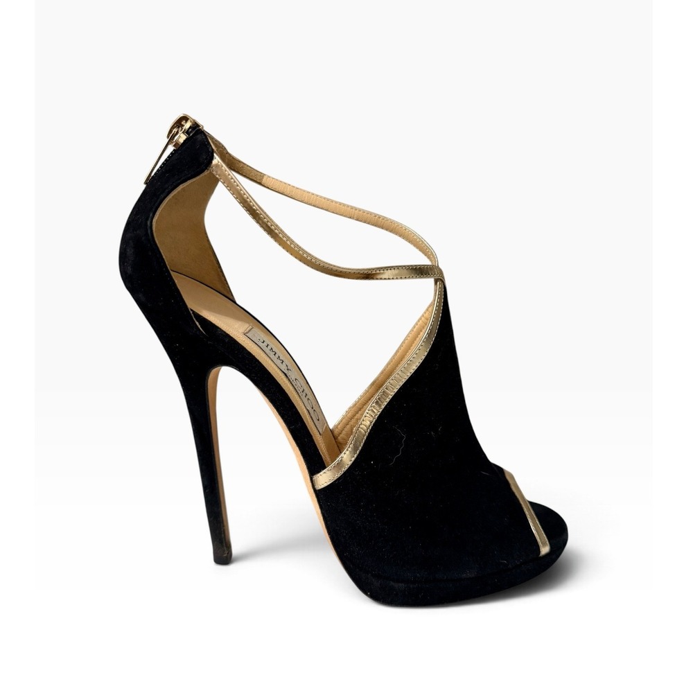 Jimmy Choo Fey cross strap Black Suede sandals stiletto heels Gold Peep Toe 39.5